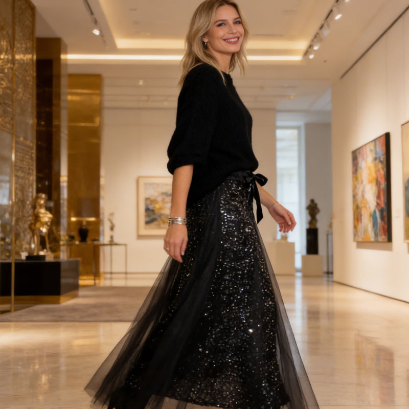 🎄 Remise temporaire de 50 % 👗 Ensemble femme avec haut à paillettes et jupe en tulle – un superbe ensemble deux pièces, élégant et scintillant ✨