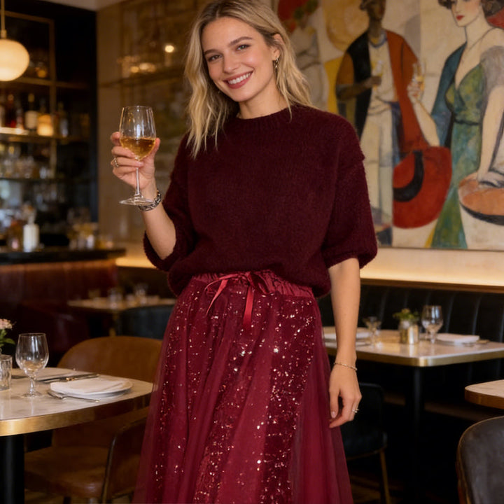 🎄 Remise temporaire de 50 % 👗 Ensemble femme avec haut à paillettes et jupe en tulle – un superbe ensemble deux pièces, élégant et scintillant ✨