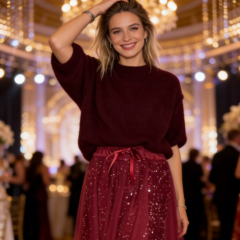 🎄 Remise temporaire de 50 % 👗 Ensemble femme avec haut à paillettes et jupe en tulle – un superbe ensemble deux pièces, élégant et scintillant ✨