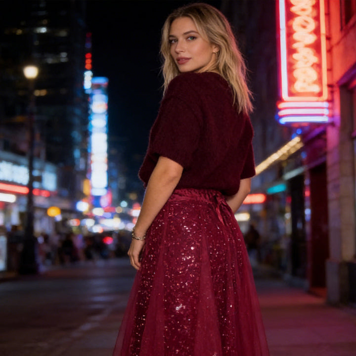 🎄 Remise temporaire de 50 % 👗 Ensemble femme avec haut à paillettes et jupe en tulle – un superbe ensemble deux pièces, élégant et scintillant ✨