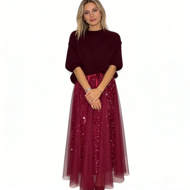 🎄 Remise temporaire de 50 % 👗 Ensemble femme avec haut à paillettes et jupe en tulle – un superbe ensemble deux pièces, élégant et scintillant ✨